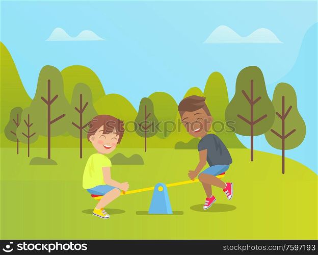 Children playing in park vector, amusement and relaxation on holidays, fun weekends of boys. Trees and lawn, seesaw made of wooden plank, outdoors game. Seesaw Joy Amusement Park, Kids Playing Outdoors