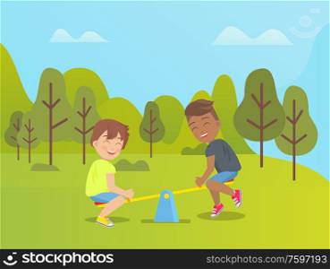 Children playing in park vector, amusement and relaxation on holidays, fun weekends of boys. Trees and lawn, seesaw made of wooden plank, outdoors game. Seesaw Joy Amusement Park, Kids Playing Outdoors