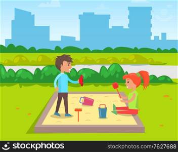 Children playing in playground vector, boy and girl in city park. Cityscape with skyscraper and street, kids friends spending time outdoors active leisure. Kids Playing in Sandbox Boy Girl Friends Vector