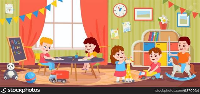 Children playing in room. Kids activity in kindergarten. Cartoon preschool boys and girls play toys and draw. Vector playroom with toddlers. Female and male characters having entertainment. Children playing in room. Kids activity in kindergarten. Cartoon preschool boys and girls play toys and draw. Vector playroom with toddlers