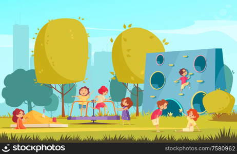 Children playing in summer city park flat composition with trees grass climbing wall carousel sandbox vector illustration