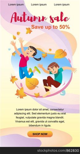 Children playing in the park throwing up leaves. Cartoon banner vector illustration isolated on background. The concept of outdoor recreation for children the park.
