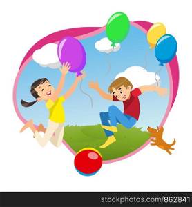Children playing in the park with balloons. Cartoon vector illustration isolated on white background. Family concept. Mischievous brother and sister having fun in the park in the fresh air.