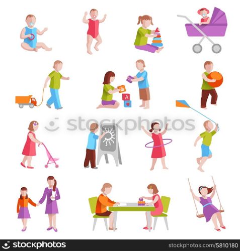 Children playing indoors and outside flat characters set isolated vector illustration. Children Characters Set