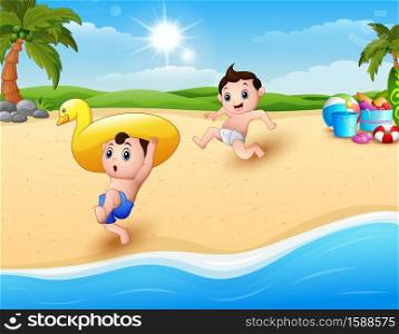Children playing inflatable duck at the beach