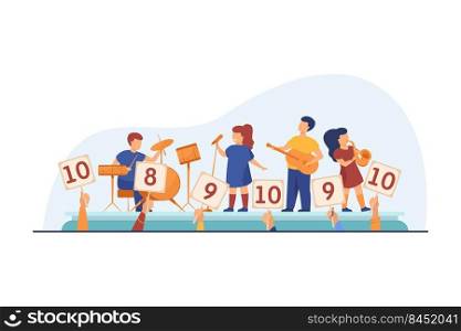 Children playing instrument and singing before jury. Signs with scores, performance, stage flat vector illustration. Talent show, competition concept for banner, website design or landing web page