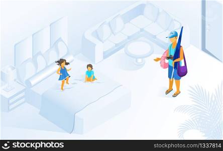Children Playing Jumping on Bed Hotel Room Parent Father Wait go Beach Pool Vector Isometric Illustration. Child Friendly Resort Hotel Concept. Comfortable Relax Apartment Summer Vacation. Children Playing on Bed Hotel Room Illustration
