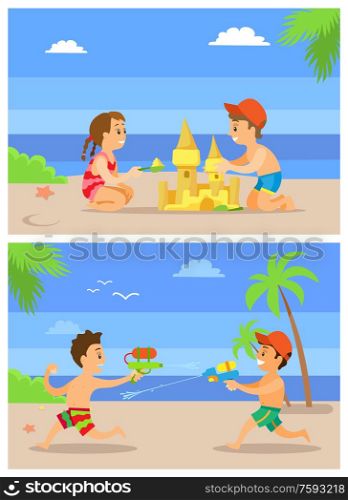 Children playing on beach vector, summertime vacations of kids. Boys having water fight using guns with liquids, brother and sister building sand castle. Beach in Summer, Children Playing by Seaside Set