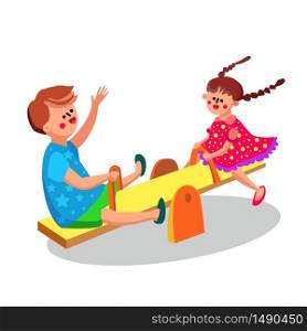 Children Playing On Seesaw Teeterboard Vector. Kids Play On Wooden Seesaw Playground. Happy Smiling Characters Friends Or Brother And Sister Funny Time Enjoy Flat Cartoon Illustration. Children Playing On Seesaw Teeterboard Vector Illustration