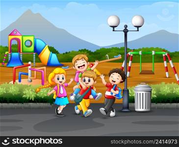 Children playing on the road with playground background
