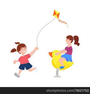 Children playing outdoor, kid running with kite, child sitting on swing duck, teenager leisure outdoor, full length view of girls in casual clothes vector. Girls Playing on Playground, Kids Activity Vector