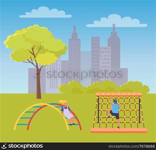 Children playing playground vector illustration. Kids on the summer play-field play in city park. Concept of summer kids school camp. Children play on the sports ground at modern kindergarten. Children playing playground vector illustration. Kids on the summer play-field play in city park