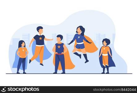 Children playing superhero characters. Cheerful kids wearing super hero costumes with cape, standing, jumping and flying with city scape in background. For comic book, entertainment, game concept