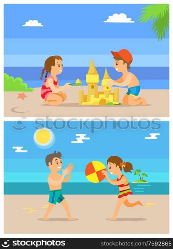 Children playing volleyball vector, boy and girl building sand castle and talking. Kids on summer vacation spending time by seaside, ball game summertime. Summer Beach, Vacations of Kids, Children Playing