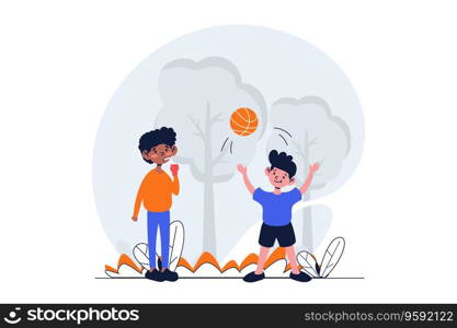 Children playing web concept with character scene. Cute boys play basketball with ball, walk together in park. People situation in flat design. Vector illustration for social media marketing material.