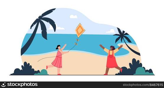 Children playing with colorful kite on seashore. Flat vector illustration. Girls having fun on beach, relaxing outdoors. Childhood, friendship, game, resort concept for banner design or landing page