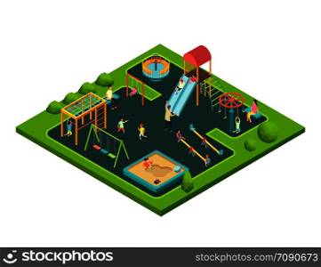 Children playing with parents on kids playground with game equipment. Isometric cartoon vector illustration with 3d little people. Playground isometry with swing and slide. Children playing with parents on kids playground with game equipment. Isometric cartoon vector with 3d little people