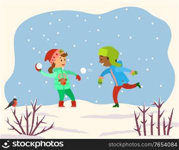 Children playing with snow balls together in snowy park or forest. Kids play snowballs, spend time actively doing winter outdoor activity. Landscape with snowflakes and shrubs. Vector illustration. Two Children Playing Snowballs in Park or Forest