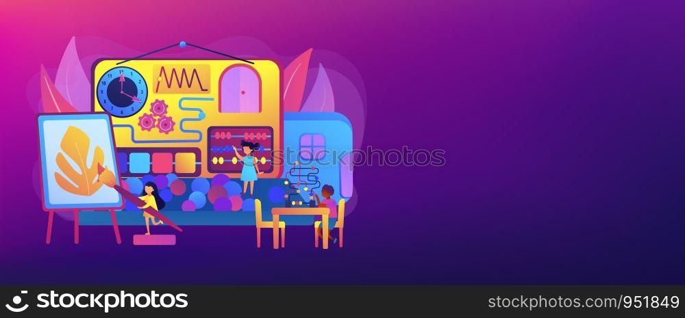 Children playing with toys. Kids entertainment and education. Child friendly area, kid friendly place, you are welcome here with your child concept. Header or footer banner template with copy space.. Child friendly area concept banner header