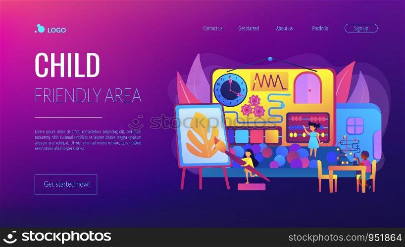 Children playing with toys. Kids entertainment and education. Child friendly area, kid friendly place, you are welcome here with your child concept. Website homepage landing web page template.. Child friendly area concept landing page