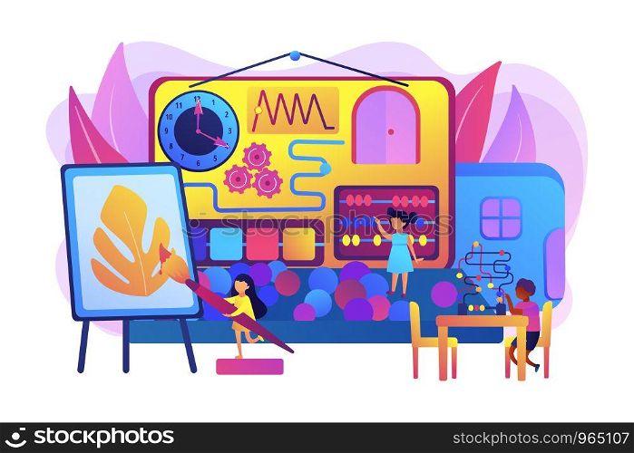 Children playing with toys. Kids entertainment and education. Child friendly area, kid friendly place, you are welcome here with your child concept. Bright vibrant violet vector isolated illustration. Child friendly area concept vector illustration
