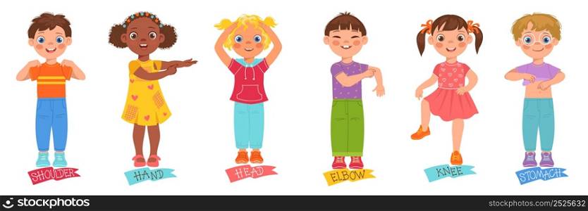 Children pointing body parts. Cute little boys or girls show hand, leg and tummy. Cartoon kids characters demonstrate heads and stomachs. Babies educational anatomy. Vector learning vocabulary set. Children pointing body parts. Little boys or girls show hand, leg and tummy. Cartoon kids characters demonstrate heads and stomachs. Educational anatomy. Vector learning vocabulary set