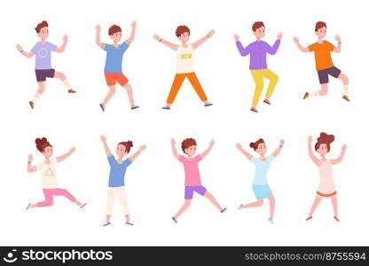 Children posing jump. School kids have jumping pose, pupils active leisure aerobic movement, happy childhood boy, cute action teenagers fun kid ballet, vector illustration. Boy and girl jump active. Children posing jump. School kids have jumping pose, pupils active leisure aerobic movement, happy childhood boy, cute action teenagers fun kid ballet, splendid vector illustration