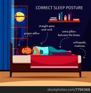 Children posture cartoon composition background with flat human character of sleeping kid editable text and arrows vector illustration. Children Corrrect Posture Composition