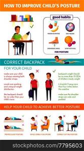 Children posture cartoon infographics with editable text and flat human characters of sleeping kids with captions vector illustration. Proper Posture Children Infographics