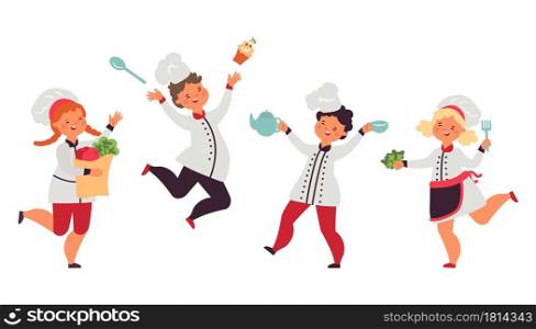 Children preparing food. Kid cook, little chefs bakers with cake and cutlery. Happy isolated boy girl in aprons decent vector illustration. Child baker cooking, chef with food. Children preparing food. Kid cook, little chefs bakers with cake and cutlery. Happy isolated boy girl in aprons decent vector illustration