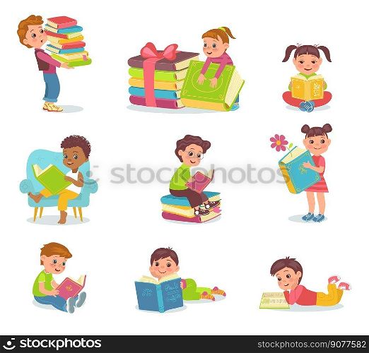 Children read books. Young smart readers. Cute little boys and girls with big literary volumes. Kids hobby. School education. Literature study. Clever students learn textbooks. Splendid vector set. Children read books. Young smart readers. Little boys and girls with big literary volumes. Kids hobby. School education. Literature study. Students learn textbooks. Splendid vector set