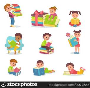 Children read books. Young smart readers. Cute little boys and girls with big literary volumes. Kids hobby. School education. Literature study. Clever students learn textbooks. Splendid vector set. Children read books. Young smart readers. Little boys and girls with big literary volumes. Kids hobby. School education. Literature study. Students learn textbooks. Splendid vector set