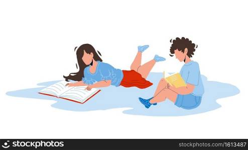 Children Read Information In Education Book Vector. Children Reading Educational Literature Or Interesting Story. Characters Boy And Girl Kids Lying On Floor And Learning Flat Cartoon Illustration. Children Read Information In Education Book Vector