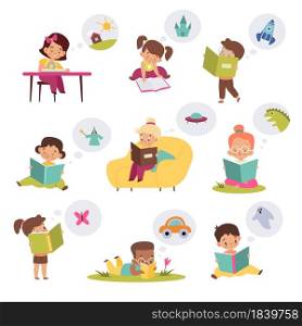 Children reading books and dreaming. Kids imagination, boys and girls read fairy tales in different poses, stories library. Young characters fantasize about dreamlike adventures. Vector cartoon set. Children reading books and dreaming. Kids imagination, boys and girls read fairy tales in different poses, stories library. Young characters fantasize about dreamlike adventures vector set