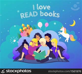 Children reading concept. Hand drawn image kids characters reading book and imagine adventures. Vector background with funny children learning with books and creative imagination. Children reading concept. Hand drawn kids characters reading book and imagine adventures. Vector background with funny children learning with books