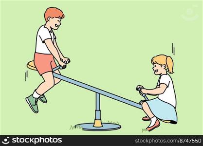 Children ride on teeter-totter at playground in summer. Boy, girl playing at seesaw at street lawn. Kids have fun outdoor. Vector contour line colorful illustration isolated on green background.. Children ride on teeter-totter at playground in summer.
