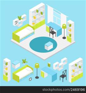 Children room composition in isometric with furnished room layout and isolated colored icon set vector illustration. Children Room Composition In Isometric