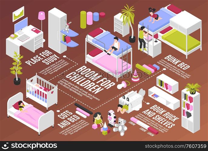 Children room infographics scheme with place for study book ruck and shelves cot and bunk bed isometric elements vector illustration
