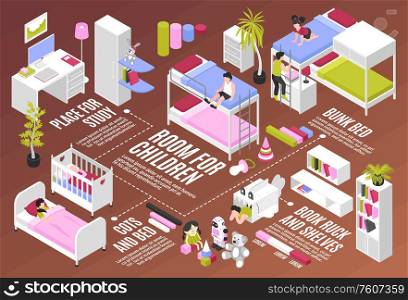 Children room infographics scheme with place for study book ruck and shelves cot and bunk bed isometric elements vector illustration