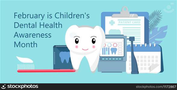 Children&rsquo;s Dental Health Awareness Month in February concept vector. National Dental Hygiene Month, week, day. Tiny dentist cleaning cute tooth to help toothache, to whiten enamel.. Children&rsquo;s Dental Health Awareness Month in February concept vector. National Dental Hygiene Month, week, day. Tiny dentist cleaning cute tooth to help toothache