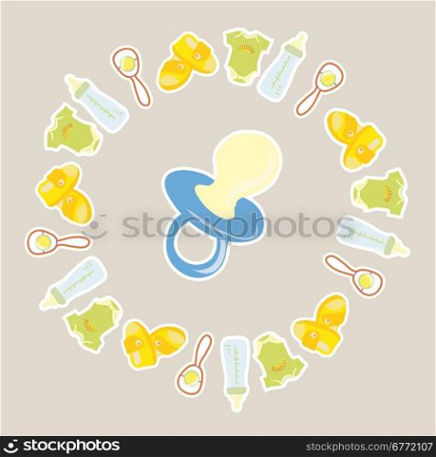 Children&rsquo;s icons are placed in a circle, on beige and grey background. Vector illustration.