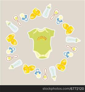 Children&rsquo;s icons are placed in a circle, on beige and grey background. Vector illustration.