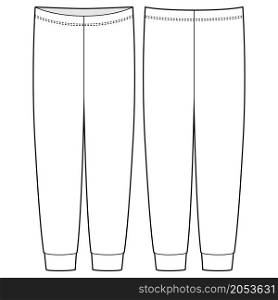 Children&rsquo;s pajamas pants technical sketch . KIds home wear trousers design template isolated. Front and back view. CAD fashion vector illustration. Children&rsquo;s pajamas pants technical sketch . KIds home wear trousers design template