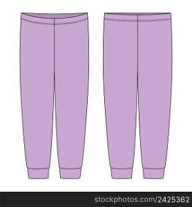 Children&rsquo;s pajamas pants technical sketch. Purple color. Kids home wear trousers design template isolated. Front and back view. CAD fashion vector illustration. Children&rsquo;s pajamas pants technical sketch. Purple color. Kids home wear trousers design template isolated.