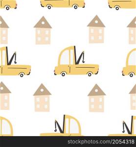 Children&rsquo;s pattern with cars. Cars. Transport. Vector hand-drawn color seamless repeating children simple pattern with cars and lettering, in Scandinavian style road on a white background.. Children&rsquo;s pattern with cars. Cars. Transport. Vector hand-drawn color seamless digital print