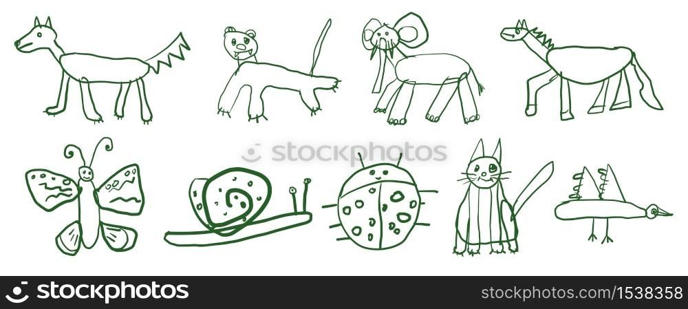 Children&rsquo;s sketch set of hand drawn animals. Kids doodle collection of animals.. Children&rsquo;s sketch set of hand drawn animals.