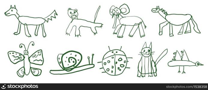 Children&rsquo;s sketch set of hand drawn animals. Kids doodle collection of animals.. Children&rsquo;s sketch set of hand drawn animals.