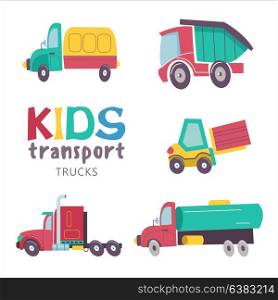 Children&rsquo;s transport collection. Vector illustration. Isolated on white background. A large set of trucks.