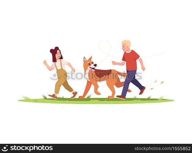 Children run with dog semi flat RGB color vector illustration. Boy and girl play with domestic pet outside. Summer vacation on ranch. Kids isolated cartoon character on white background. Children run with dog semi flat RGB color vector illustration