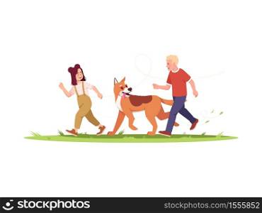 Children run with dog semi flat RGB color vector illustration. Boy and girl play with domestic pet outside. Summer vacation on ranch. Kids isolated cartoon character on white background. Children run with dog semi flat RGB color vector illustration